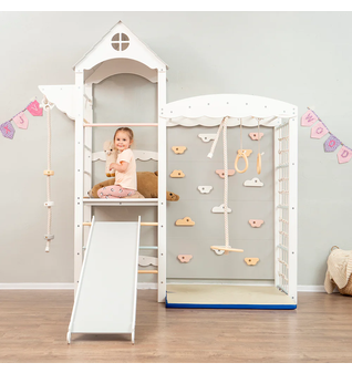 Montessori dětské hřiště Tower Climbing s rampou a skluzavkou white/pastel
