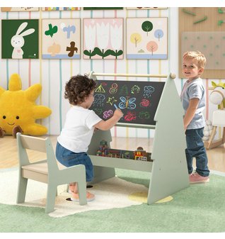 Dřevěný kreslící oboustranný stojan s tabulí a židličkou 01